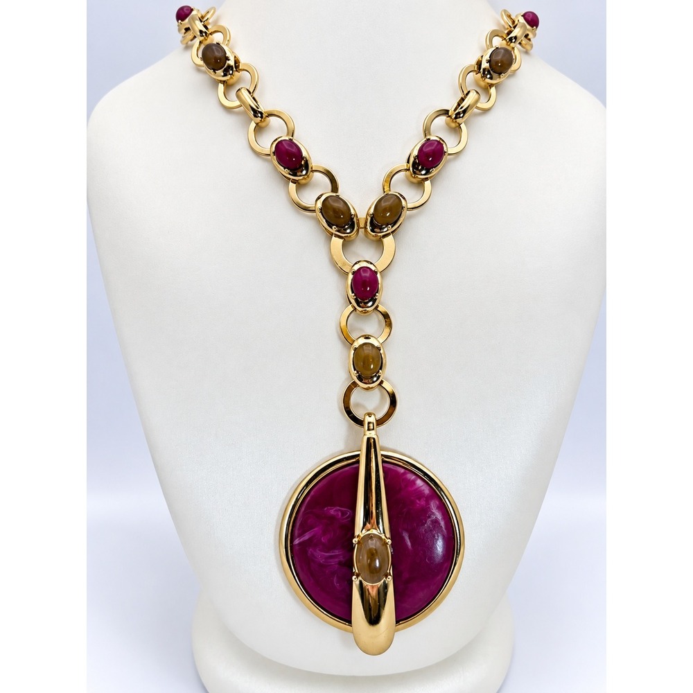 Chicos Pendant Necklace Womens OS Magenta Gold Good Statement Resin Cabochon